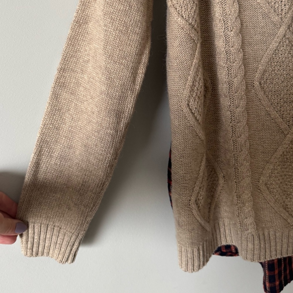 Mystree Cable Knit Sweater Flannel Plaid Back Beige Rust Large - Picture 5 of 10
